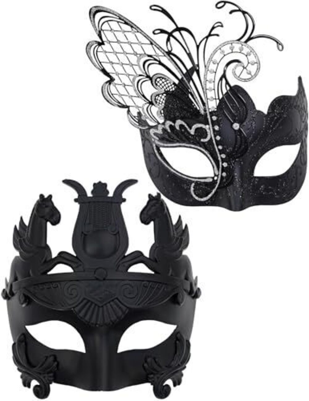 8958 Black Butterfly Mask & Black Roman Warrior Mask Venetian Couple Masks